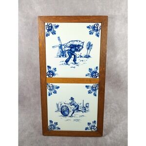 Vintage Delft Hand-painted Tiles Cased Wood 10" x 5.25" Windmill Made In Holland